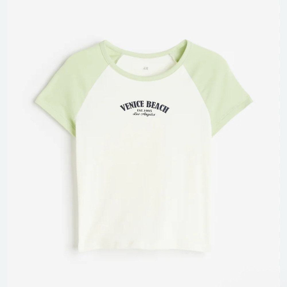 H&M| Kids Tee with White and Green Sleeves Shirt -Size 12-14
